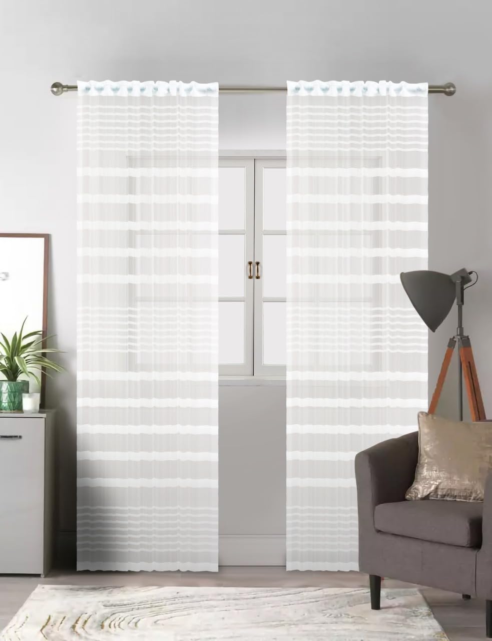 Curtains & Rods Easy Tulle Stripe Curtains - Transparent Knitted Tulle, Lightweight and Airy Design - White - 1 Panel (140cm W x 260cm L)