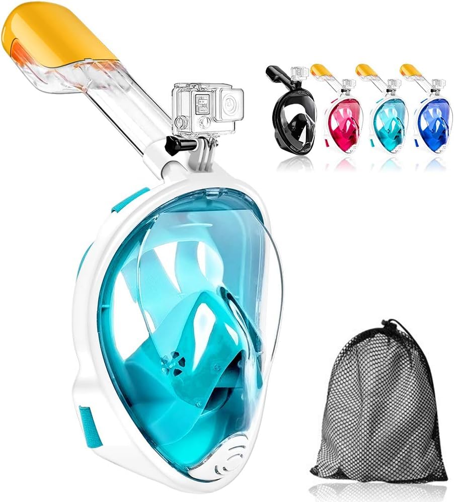 QSHOP®Diving Mask Full Face 180° Free Ventilation Design with Detachable Camera Mount, Anti-Fogging, with Adjustable Head Straps, Professional Snorkeling Set for Adults and Youth