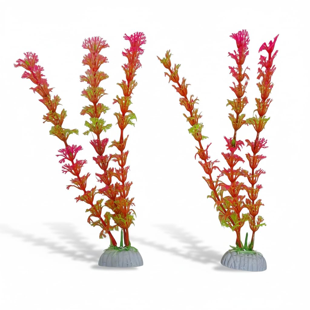 2PCS Artificial Aquarium Plants Plastic Fish Tank Plants Decorations Aquatic Plant Colorful Water Plant (2 Pink & Green, Meduim)