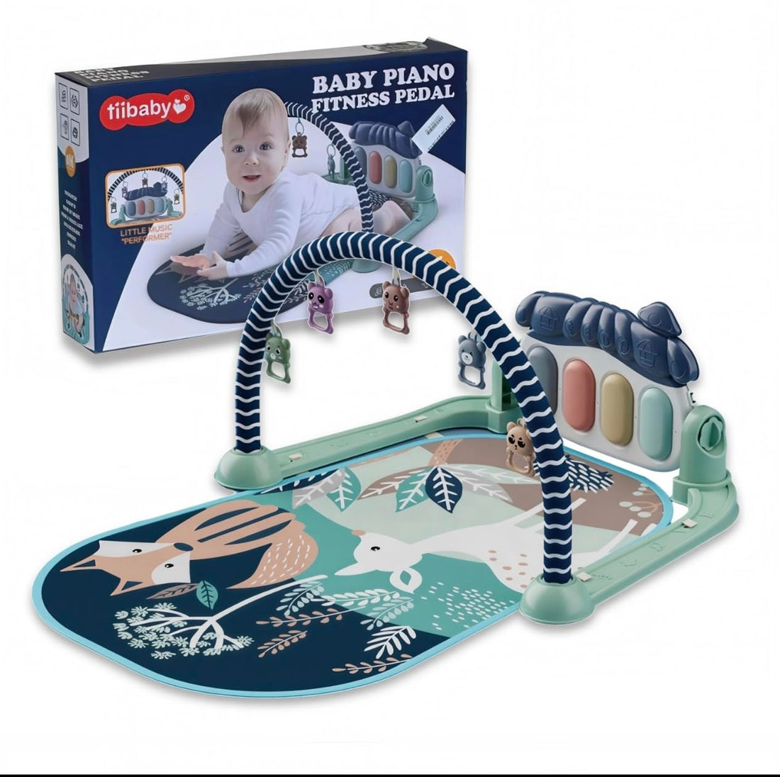 Floor Playmat Kick and Play Baby Mat and Play Piano Gym - Infants Musical Activity Center with 5 Hanging Sensory Toys and Early Educatiot with Pedal Piano with Hanging Rattles (Boy 2)