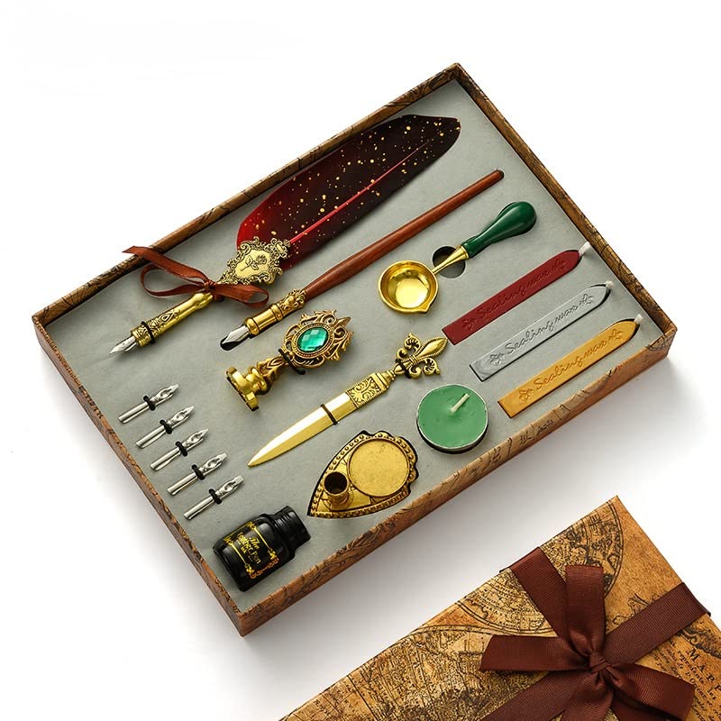 Quill Feather Pen and Ink Set, Calligraphy Pen Glass Dip Pen and Wax Seal Stamp Kit (Red)