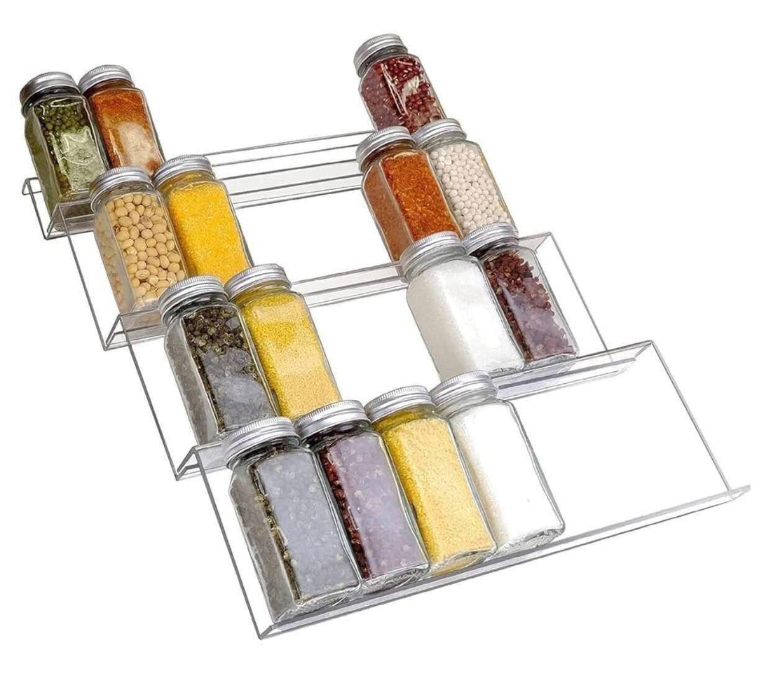Acrylic Spice Rack Organizer for Drawer, Expandable Clear Tiered Storage Tray, Kitchen Cabinet & Pantry Organizer for Spice Jars and Bottles (One pack)