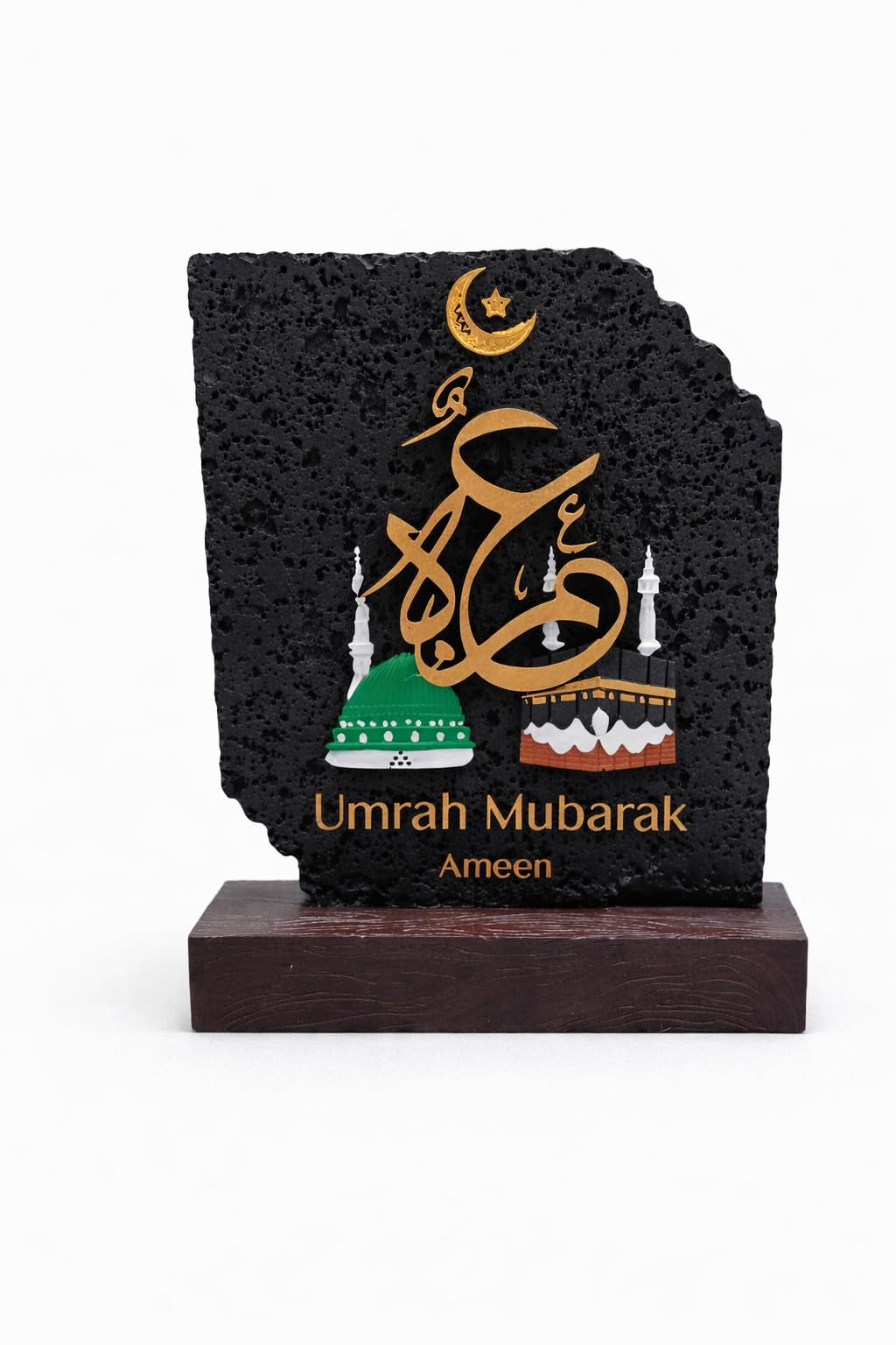 Umrah Mubarak Figure with Wooden Base – Luxury Islamic Decor – Kaaba & Masjid al-Nabawi – Ideal Gift for Pilgrims and Umrah (Black)