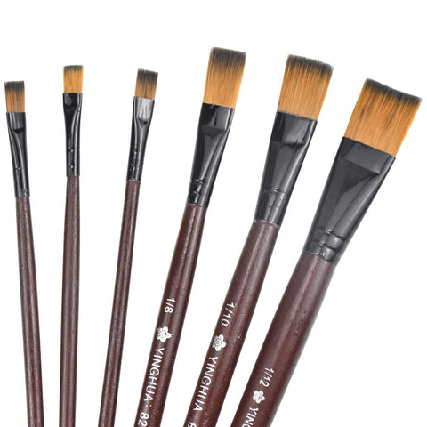 Yasmous 301-05814 Artist Brush Set, Nylon Acrylic Paints, Flat Brush, School Painting Brush Set, Wooden Handle Brush, Artist for Acrylic Oil, Watercolour, Gouache Painting, Size 2/4/6/8/10/12, Brown,