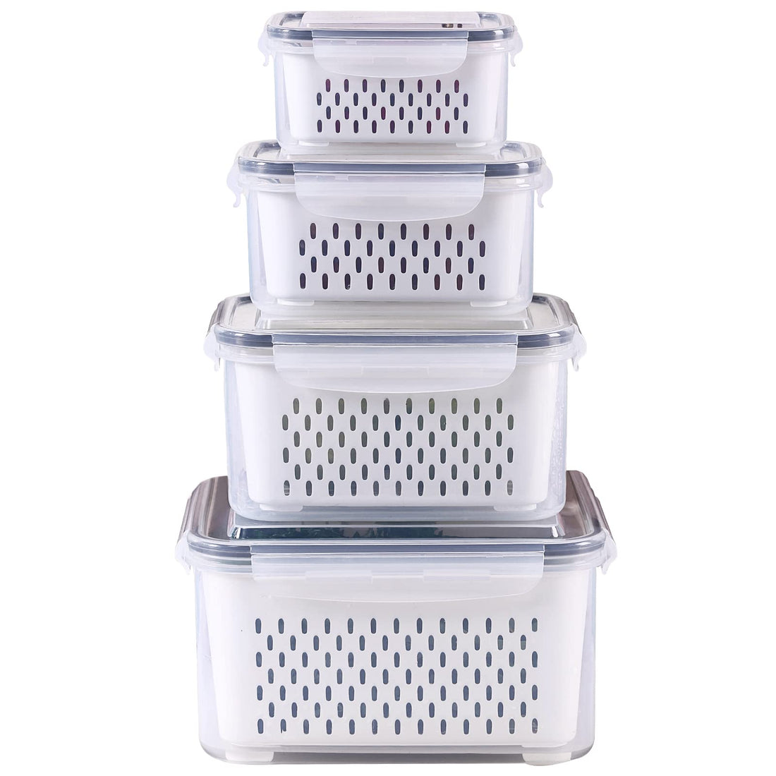 4 Pack Fridge Food Storage Container Set with Lids with Strainer,Plastic Fresh Produce Saver Vegetable Fruit Meat Storage Organization, BPA-Free Plastic Produce Keepers (Not Dishwasher Safe）