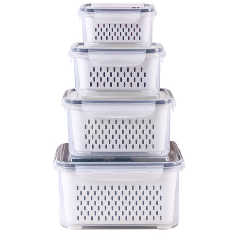 4 Pack Fridge Food Storage Container Set with Lids with Strainer,Plastic Fresh Produce Saver Vegetable Fruit Meat Storage Organization, BPA-Free Plastic Produce Keepers (Not Dishwasher Safe）