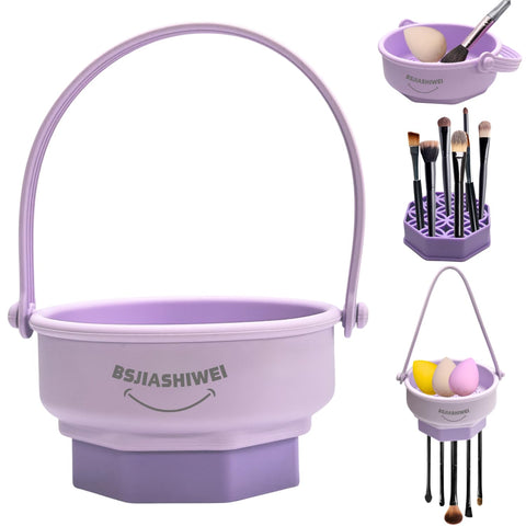 Makeup Brush Cleaner Mat 3 in 1 Silicone Makeup Brush Cleaner Bowl Cosmetic Brushes Cleaning Tool Organizer for Storage and Air Dry (purple)