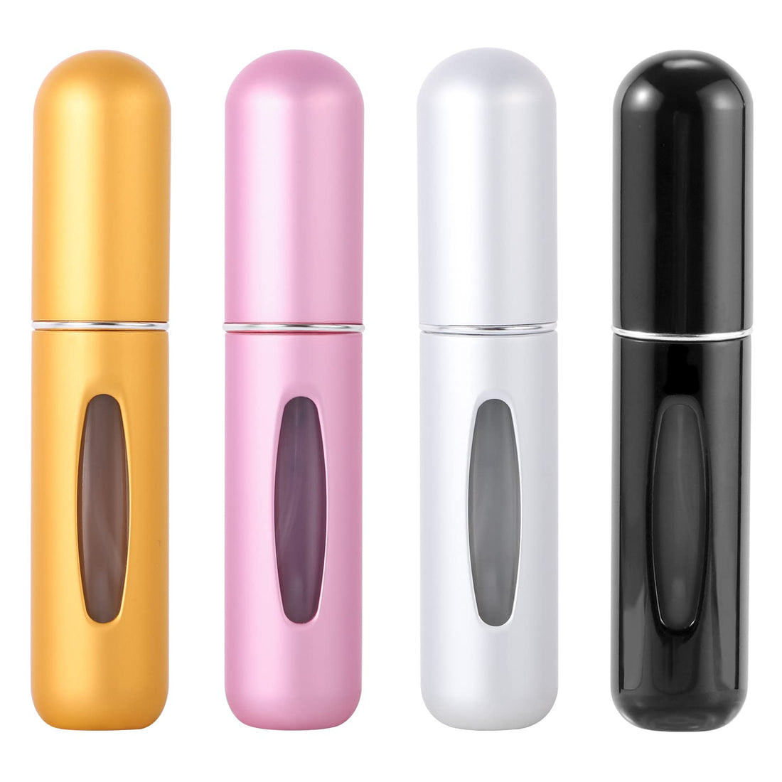 SUMAJU 4 Pcs Perfume Travel Spray Bottle, 5ml Perfume Atomiser Bottles Fragrance Atomiser Portable Travel Refillable Perfume Bottle for Women Men (Black, Silver, Pink, Gold)