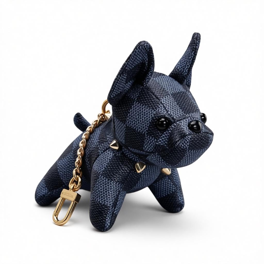 French Bulldog Pendant - Stylish leather keychain with cotton plush design, perfect for backpacks, handbags, or as a cute charm accessory with secure buckle chain