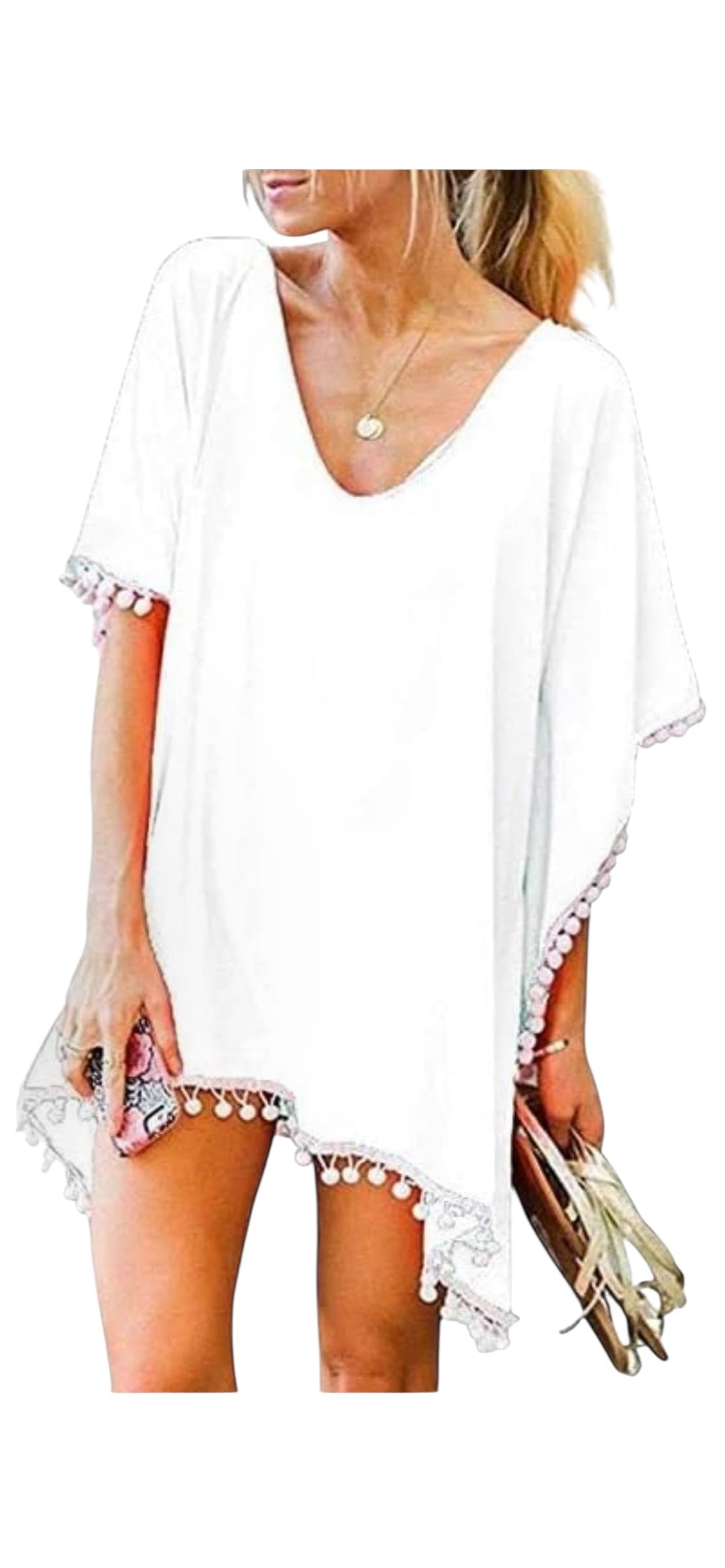 Women's White Beach Cover Up Dress with Tassel Trim, V-Neck, Short Sleeve