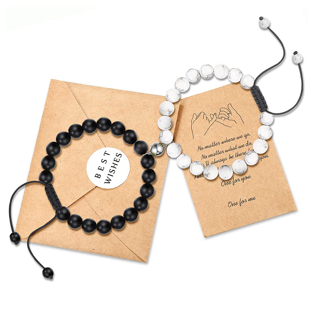 Lanqueen Couples Mutual Attraction Matching Bracelets Matte Agate Bracelet Vows of Eternal Love Charms Adjustable Jewelry Valentine Day Gifts Set for Lover Women Men Friend, Stone Magnet Silver
