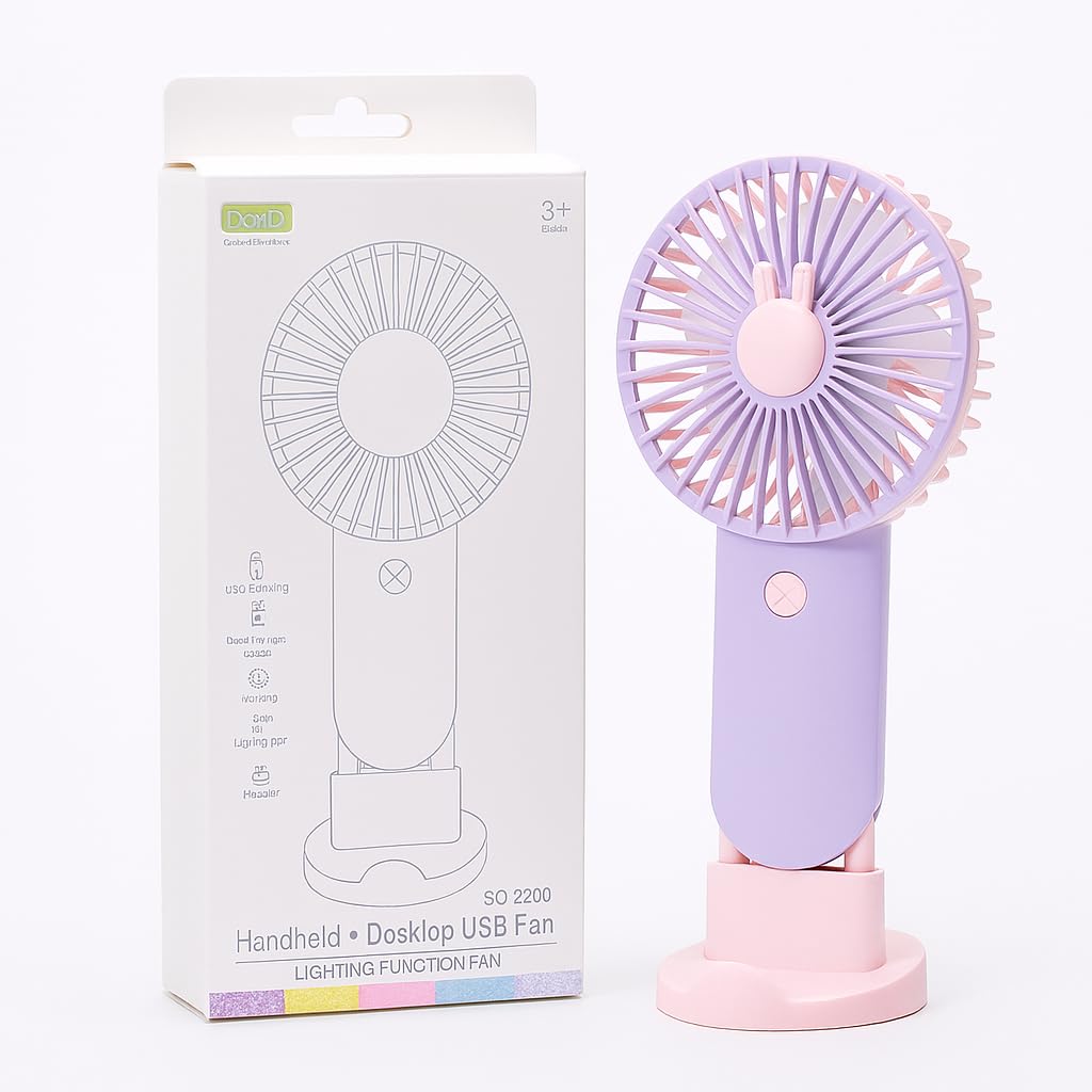 Mini USB Fan Portable Handheld Desktop Fan With LED Light And Phone Stand 2 Speed Rechargeable Compact Fan For Travel Office Home Summer Use SQ 2200 (Purple)