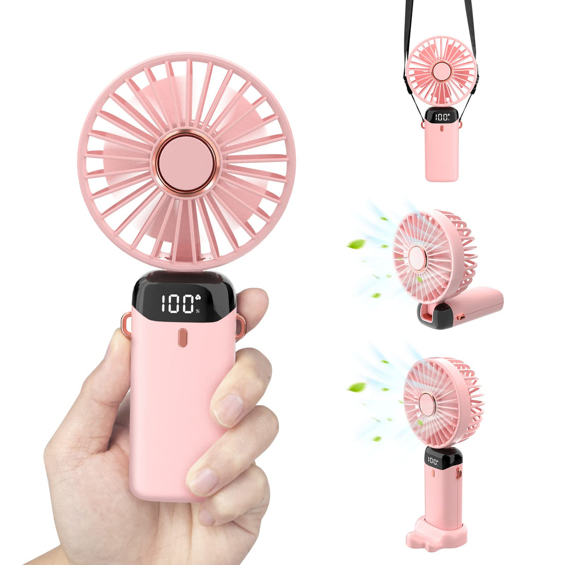 Personal Fan, Portable Hanging Neck Fan, 4000mAh USB-C Rechargeable 5-Speed Modes Powerful Desktop Fan with Base, Max 16H Run Time, Adjustable Lanyard and Bracket Hands-free Cooling Fan-Pink