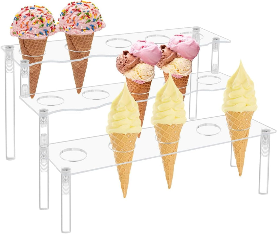 BEST MEDIA Ice Cream Cone Acrylic Holder Stand, Multi-Use Dessert & Snack Display for Parties, Weddings, Events - Clear - 15 holes - 3 Tier - 1 Pack