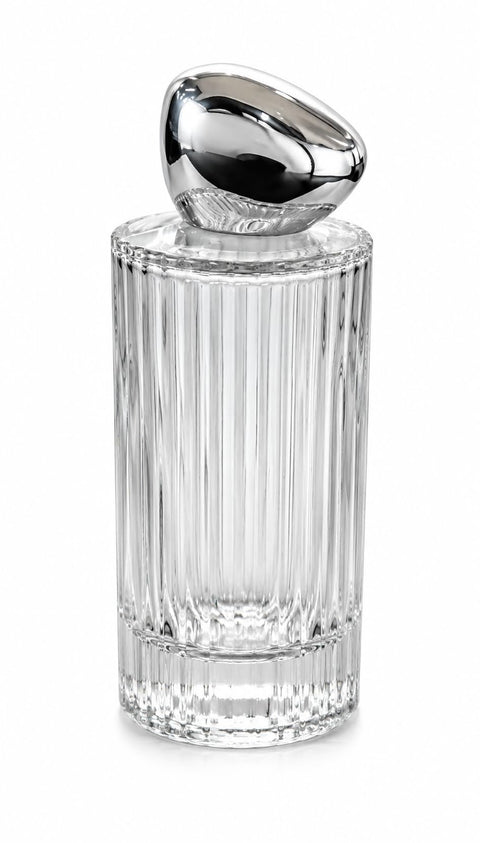Empty Glass Perfume Bottle with Silver Chrome press fit Cap, Ribbed Cylindrical Design, Clear, 100 ml