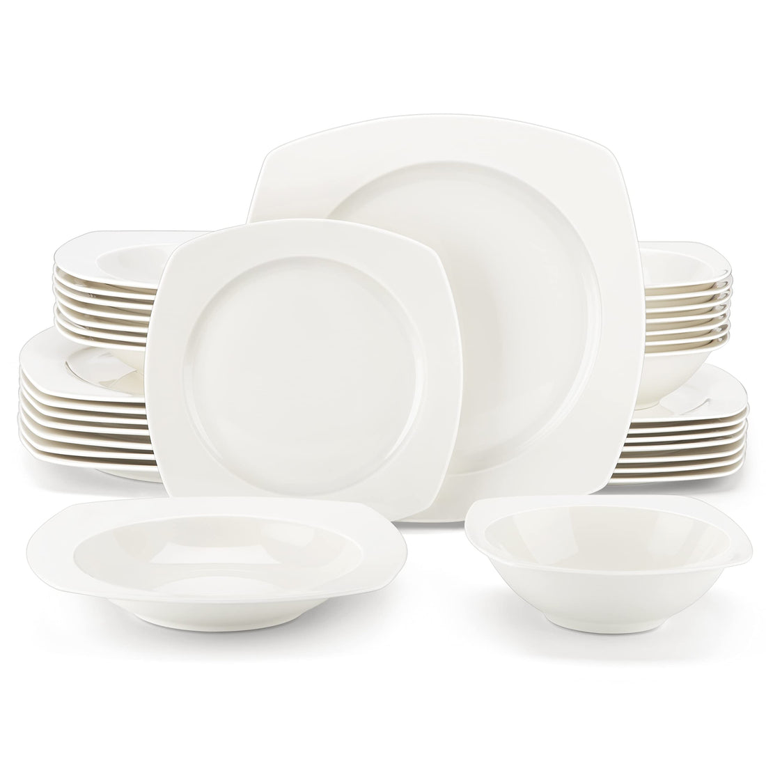 MALACASA Dinner Sets for 8 People, 32 Piece Bone China Plates and Bowls Sets, Square White Crockery Set with Dinner Plate, Dessert Plate, Soup Plate and Cereal Bowl, Microwave Safe, Series RAFA