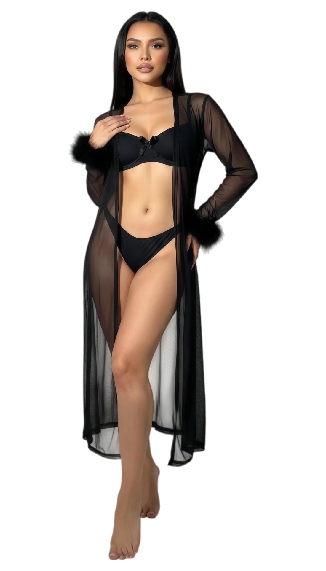 MANIKAN Women's Lingerie 3-Piece Swimsuit Set with Sheer Cover-Up, Black, Bikini Top and Bottom with Long Mesh Robe