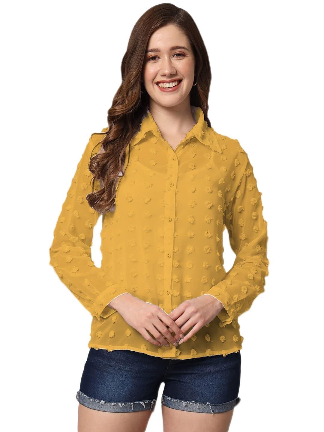 SUNSET EG STORE Women's Solid Sheer Chiffon Chunky Blouse (Mustard, L)