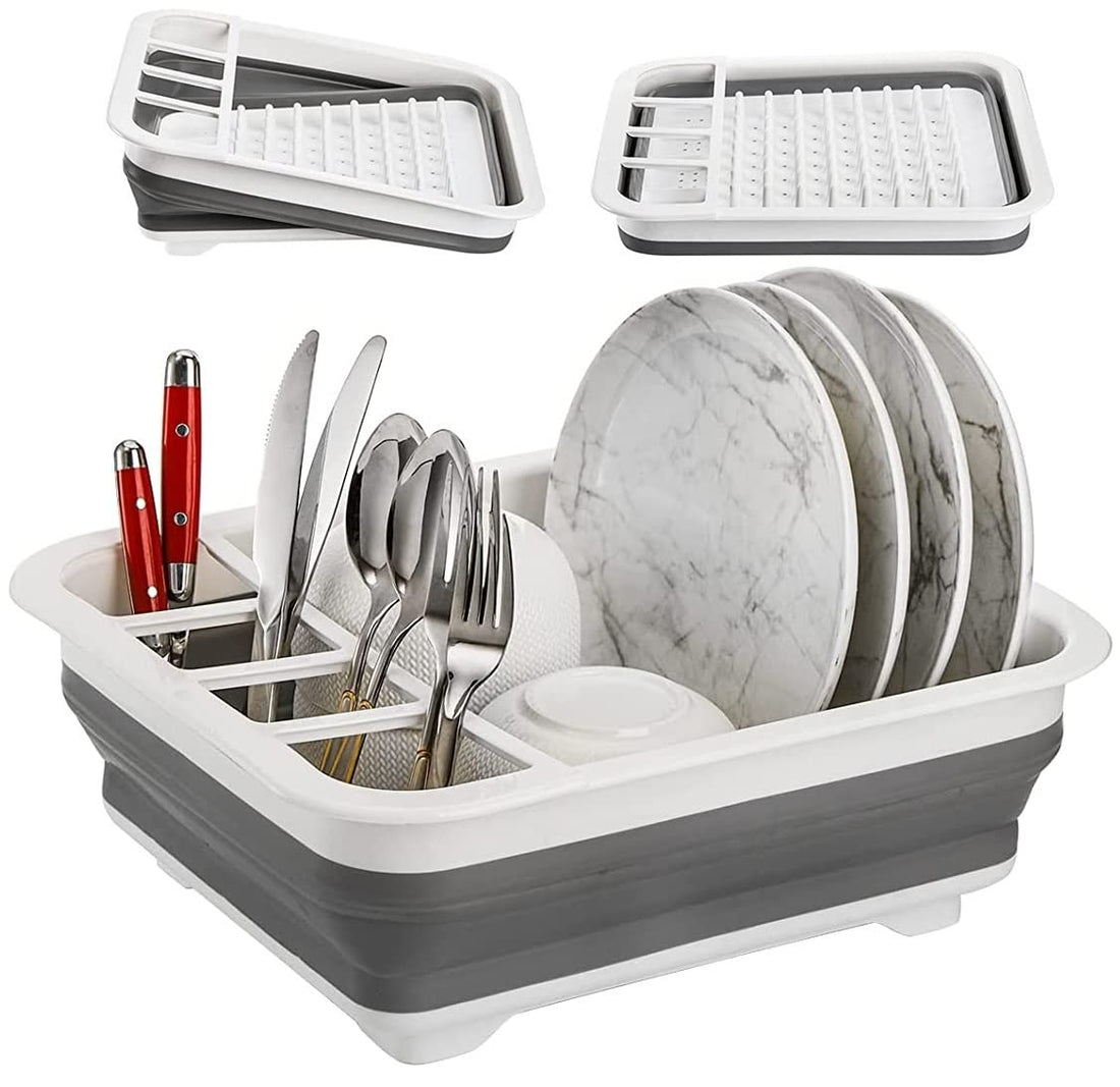 Collapsible Dish Drying Rack with Drainboard Portable Dish Drainer Foldable Drying Dish Storage Rack Silverware Organizer Camping RV Kitchen Accessories and Outdoor Activities