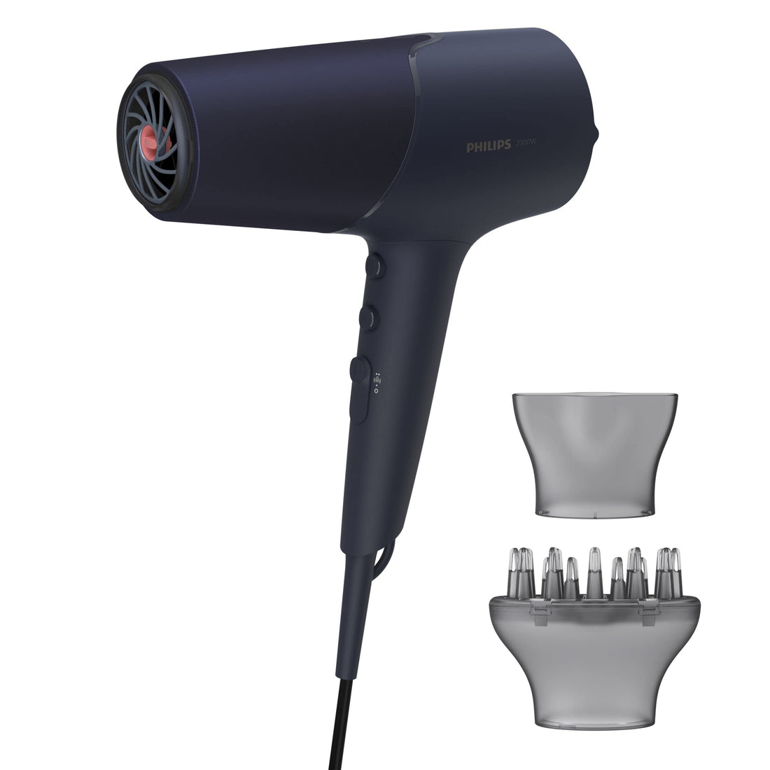 Philips 5000 Series Hair Dryer 2300W With ThermoShield Technology and 2 Attachments Nozzle 11 mm, Diffuser, 3 Heat and 2 Speed Levels, 4x Ionic Care, Blue & Metallic – BHD510