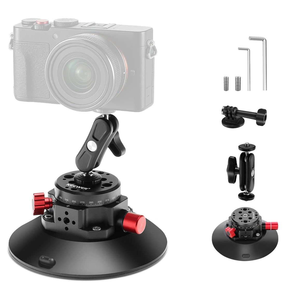 NEEWER 15.2 cm Camera Suction Cup Mount with Ball Head Magic Arm Metal Car Mount for Camera/Action Cameras/Phone, Vacuum Suction Cup on Car or Window Glass with 1/4 Inch 3/8 Inch ARRI Mounting Holes,