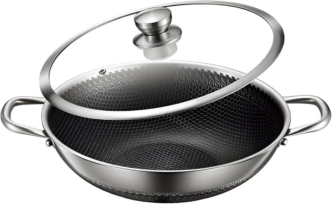 Honeycomb Wok - 30cm Stainless Steel Induction Compatible Anti-Stick Cooking Pan with Scratch Resistance in Silver Finish (28cm)