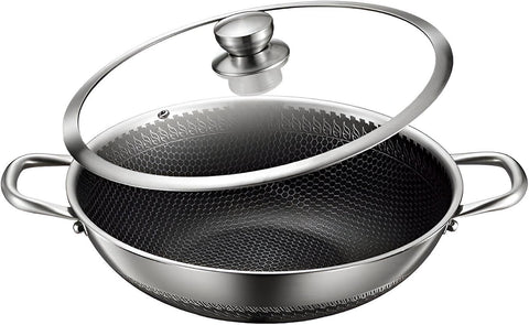 Cooking Wok - 30cm Stainless Steel with Honeycomb Design, Suitable for Induction, Anti-Stick & Scratch-Resistant Finish in Silver (24cm)