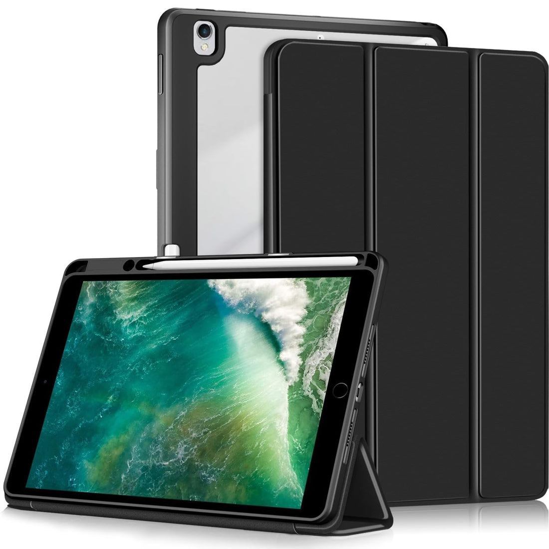 iPad 9/8/7 (10.2 Inch), Air 3 (10.5 Inch) Case - Black Translucent Cover with Stand & Auto Wake/Sleep - Movie Watching & Web Browsing