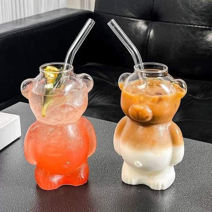 Clear Glass Drinking Cups – Glassware for Hot & Cold Beverages – Heat-Resistant Transparent Cups for Tea, Coffee, Juice (2, Teddy Bear Cup(400ml))