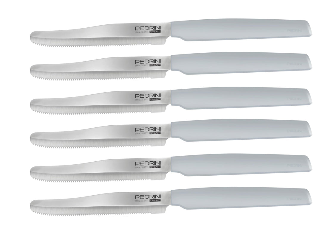 Pedrini Stainless Steel Table Serrated Knives with Dusty Blue Handle 6 Piece Set