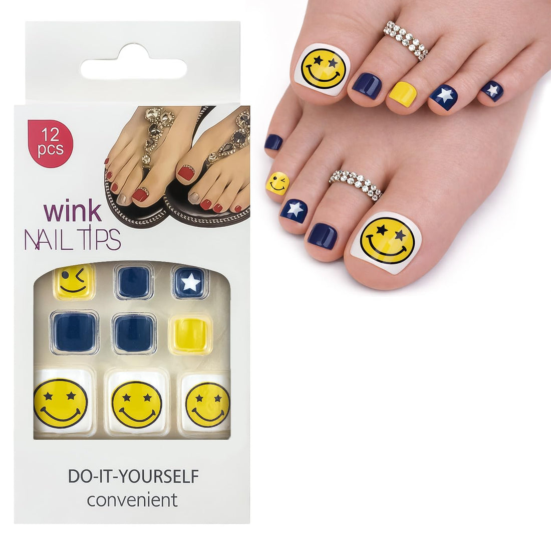 Press On Toenails - Set Of 12 Nail Tips, Pre-Shaped Full Cover False Nails & Professional Nail Glue, Quick & Easy Application (Happy Star)