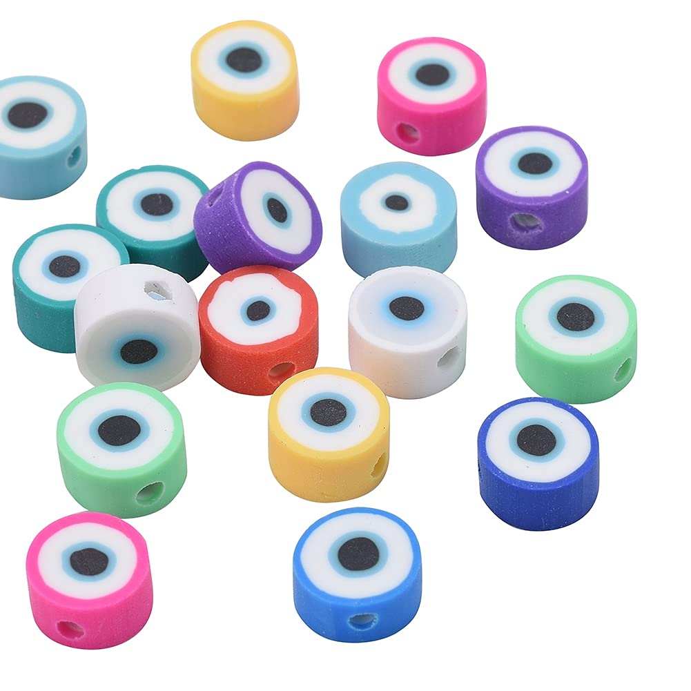JAZZEEL Evil Eye Polymer Clay Beads 100pcs Handmade Flat Round Lucky Eye Spacer Beads 10x5mm for DIY Jewelry Making Friendship Bracelets Necklaces and Hair Clip Accessories