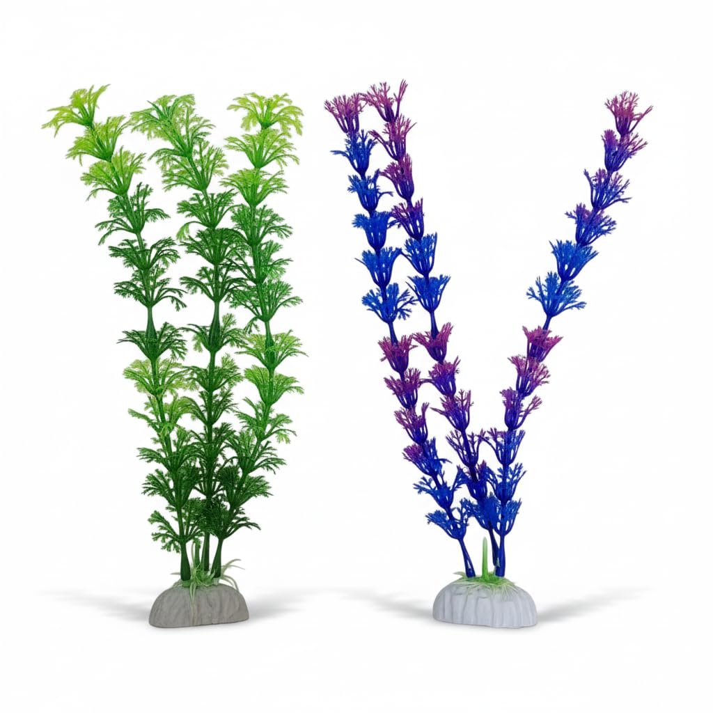2PCS Artificial Aquarium Plants Plastic Fish Tank Plants Decorations Aquatic Plant Colorful Water Plant (Blue Purple & Green, Meduim)