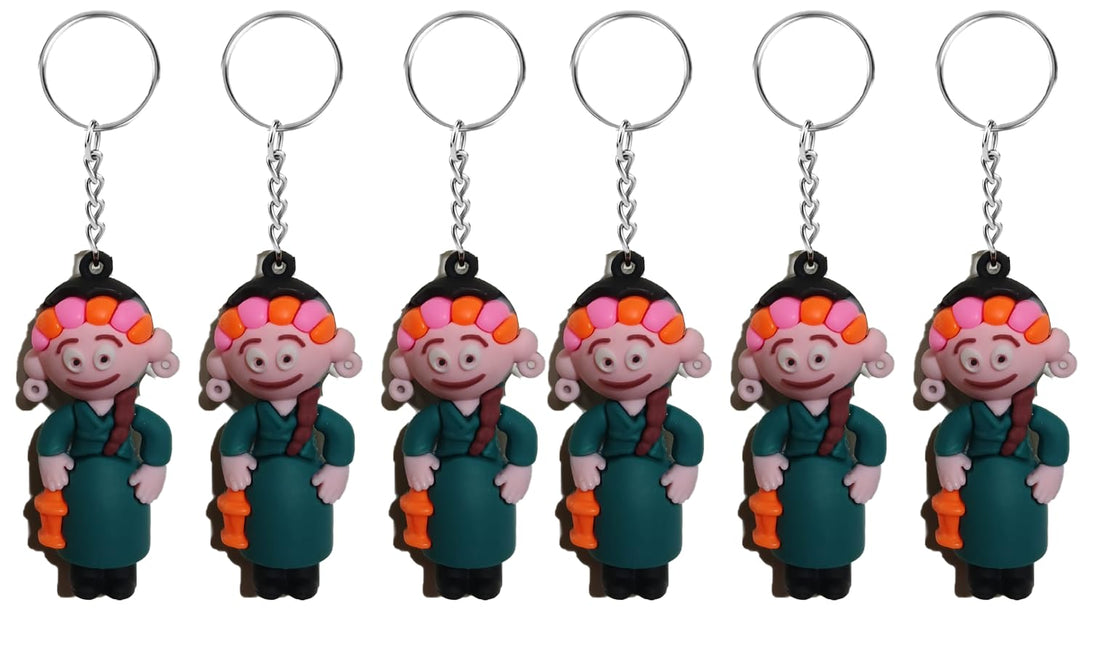 Character basant Keychain with Colorful Hair, Pink Face, Teal Outfit, Metal Chain, Set of 6