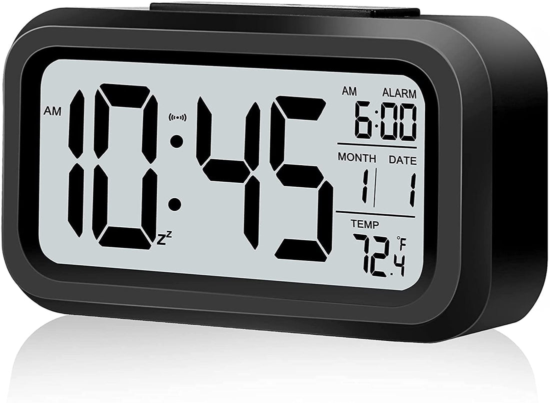 LED Screen Smart Night Light, Snooze, Date, 12/24H, Indoor Temperature, Battery Operated Desk Alarm Clock (Black)