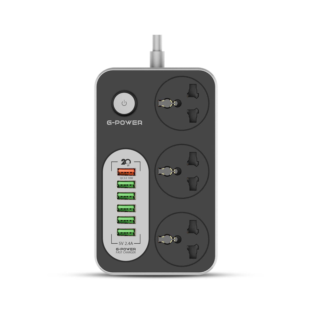 G-Power GP341 220V Power Strip Surge Protector, 3 Universal international Sockets, 6 Smart USB Charging Ports (2.4A) – Black/Grey