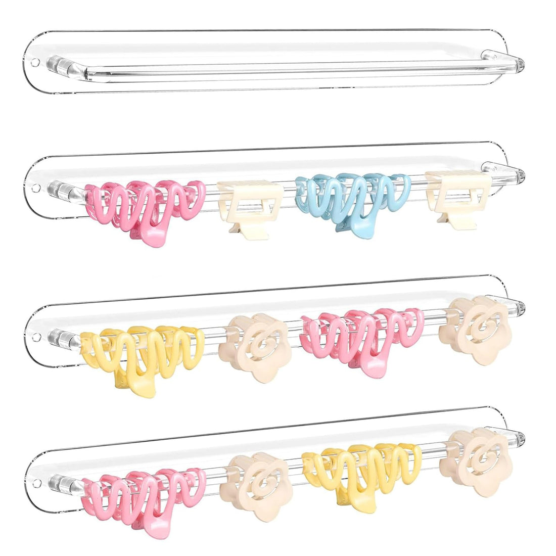 BEST MEDIA 4-Pack Wall Mount Acrylic Claw Clip Organizer and Holder, Clear Hair Clip Display Stand and Storage for Women and Girls - 20L x 5W x 5H cm - Wall Mount U-Shape