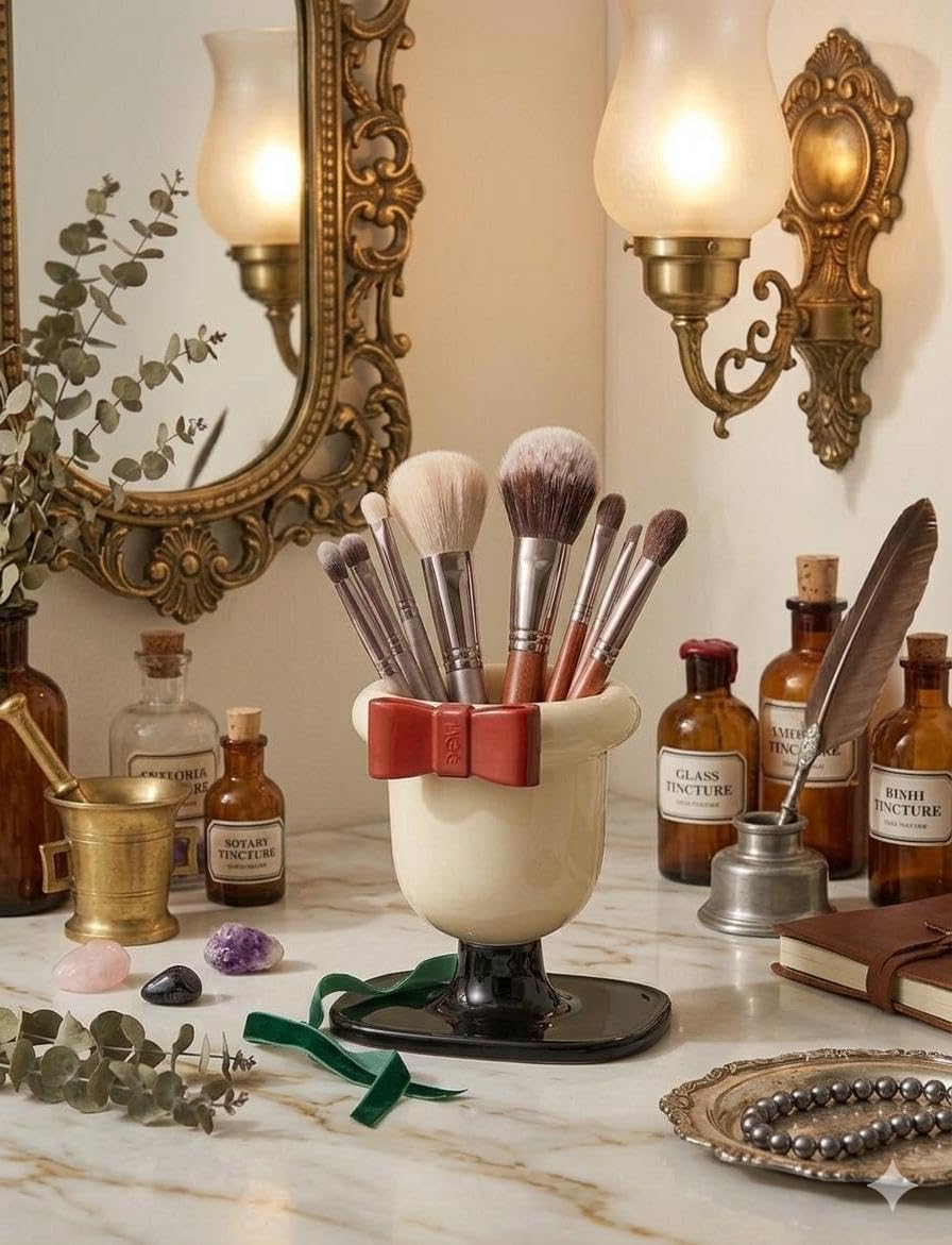 Makeup Organizer - Chic cornerstand with durable base and cute bow, perfect for holding makeup brushes, lipsticks, and eyeliners, ensures your beauty tools are always accessible, tidy, and stylishly d