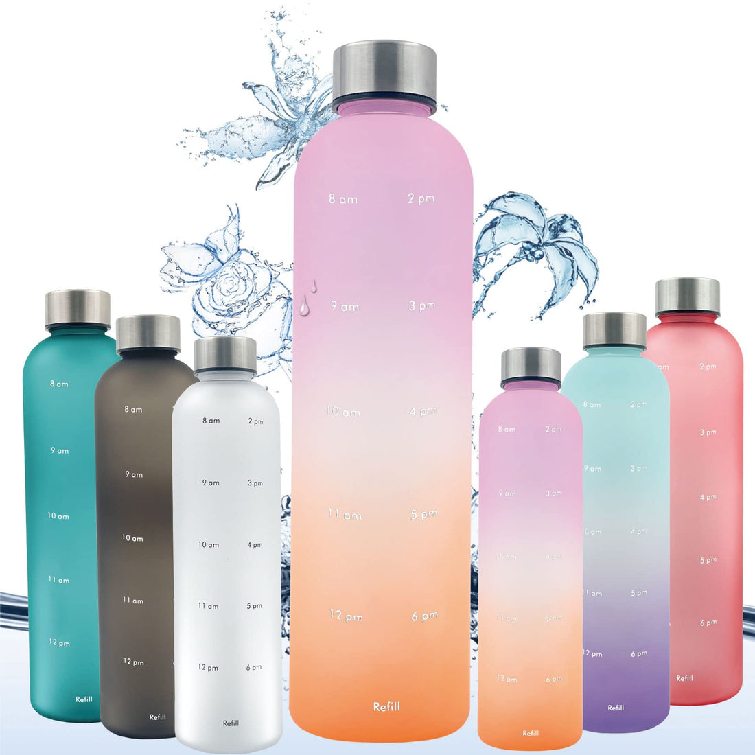 1 Liter Water Bottle With Time Marker, Lightweight 1000ml Slim Fashion Transparent Bottle, Mint Motivational Measuring Time and Quantity, BPA Free Frosted