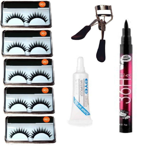 5 PAIR EYELASH, EYELASH GLUE, EYELASH CURLER WITH 36 HRS EYELINER COMBO KIT