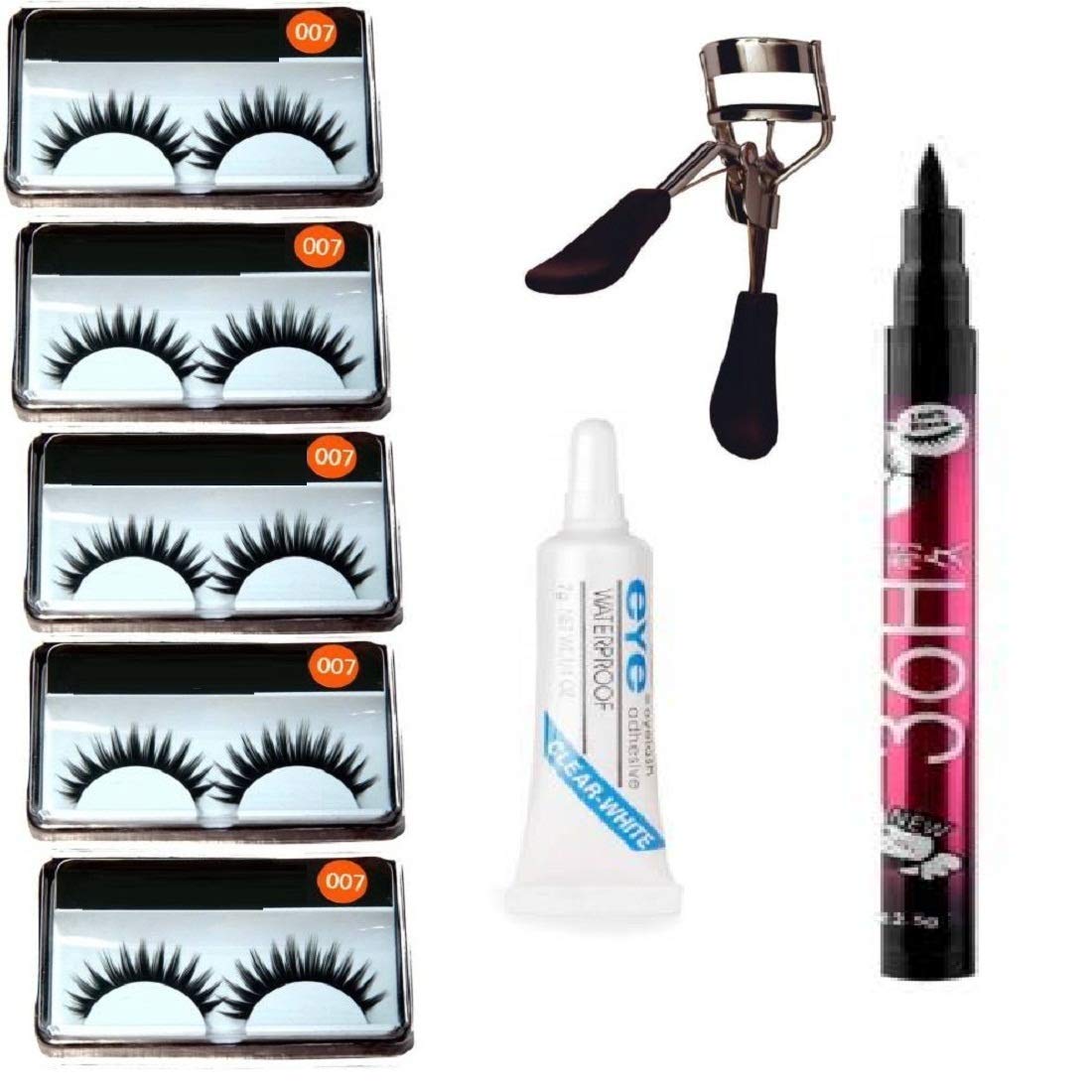 5 PAIR EYELASH, EYELASH GLUE, EYELASH CURLER WITH 36 HRS EYELINER COMBO KIT