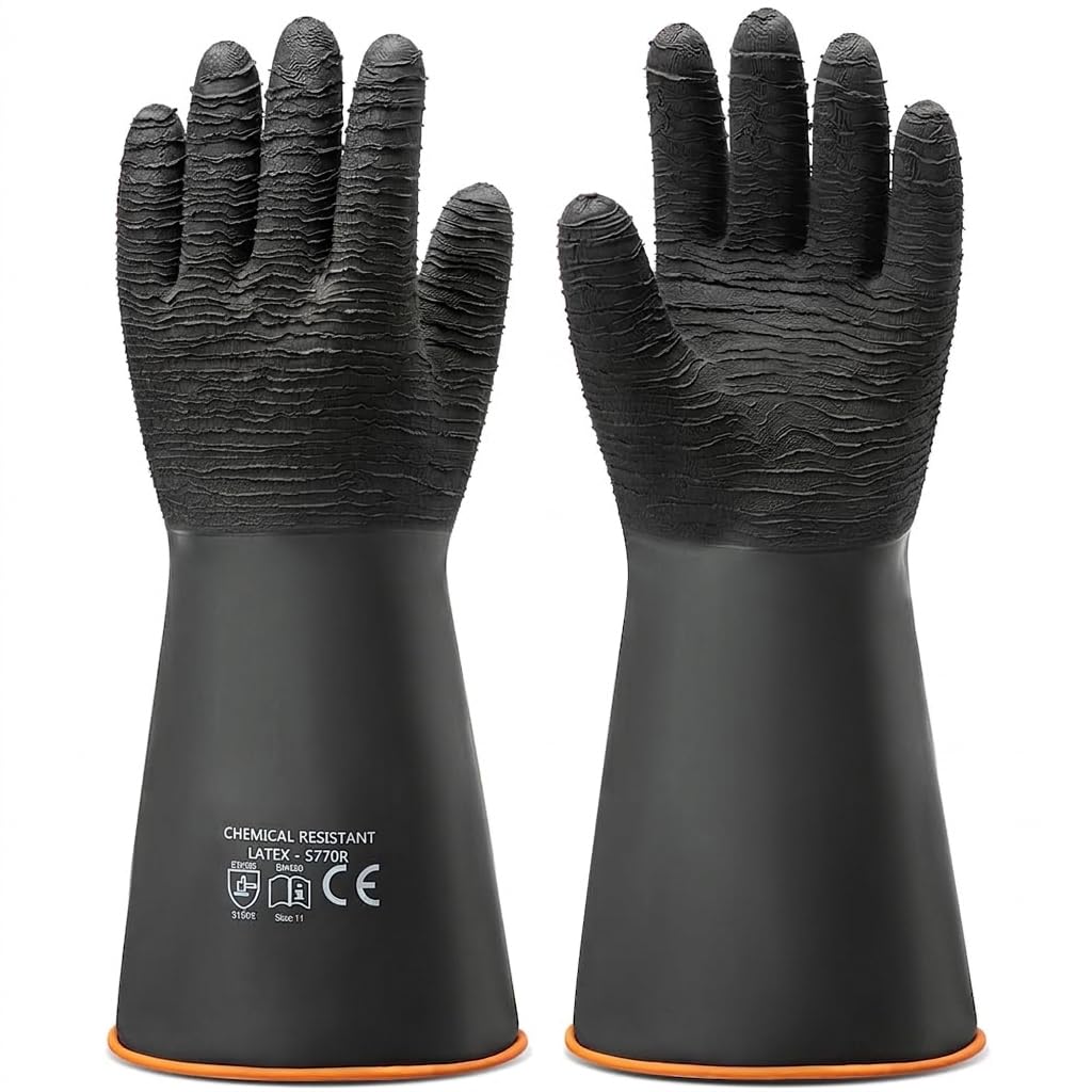 Safety-Line Chemical Resistant Industrial Gloves, Black, Natural Rubber Latex, Textured Grip, Waterproof, Full Finger, Reusable