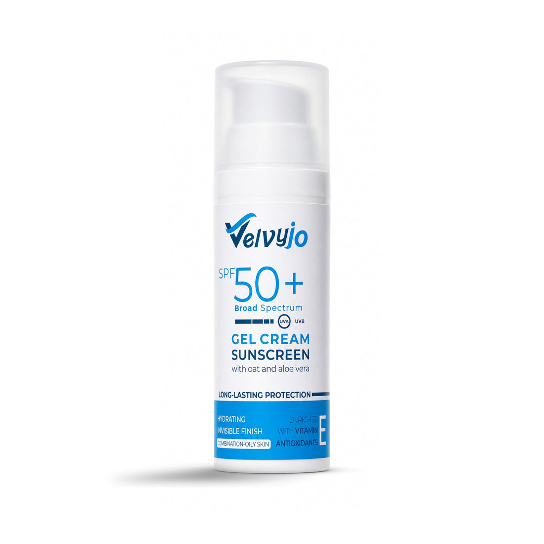 Velvyjo Gel Cream Sunscreen SPF 50+ Broad Spectrum UVA/UVB Protection with Oat & Aloe Vera – Lightweight Hydrating for Combination to Oily Skin – 50 ml