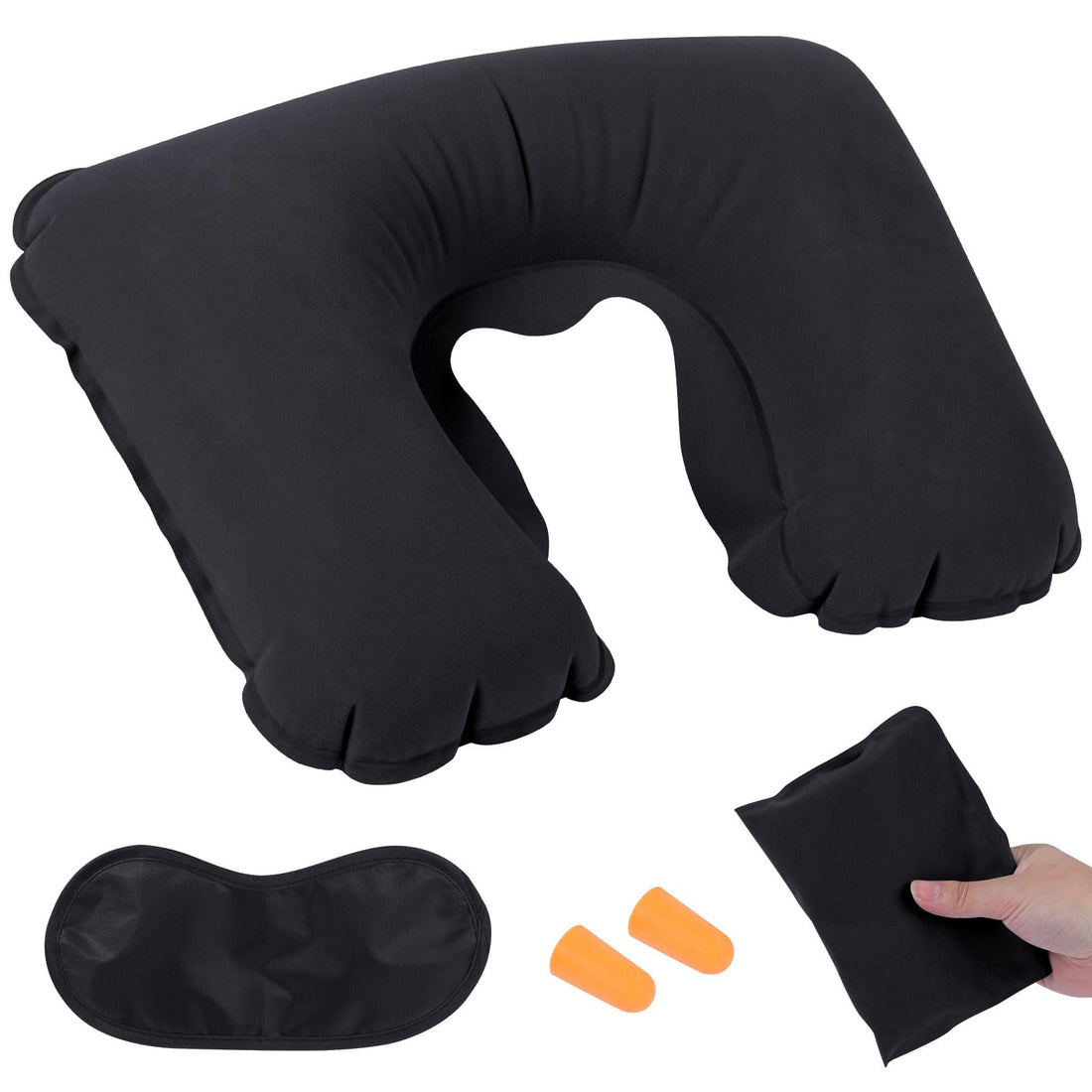 Travel Pillow Suit, Neck Pillow Inflatable for Aeroplane with Earplugs and Eye Mask, Travel Pillow Inflatable for Office, Plane, Car, Travel, Camping, Sleeping Rest Pillow (Black)