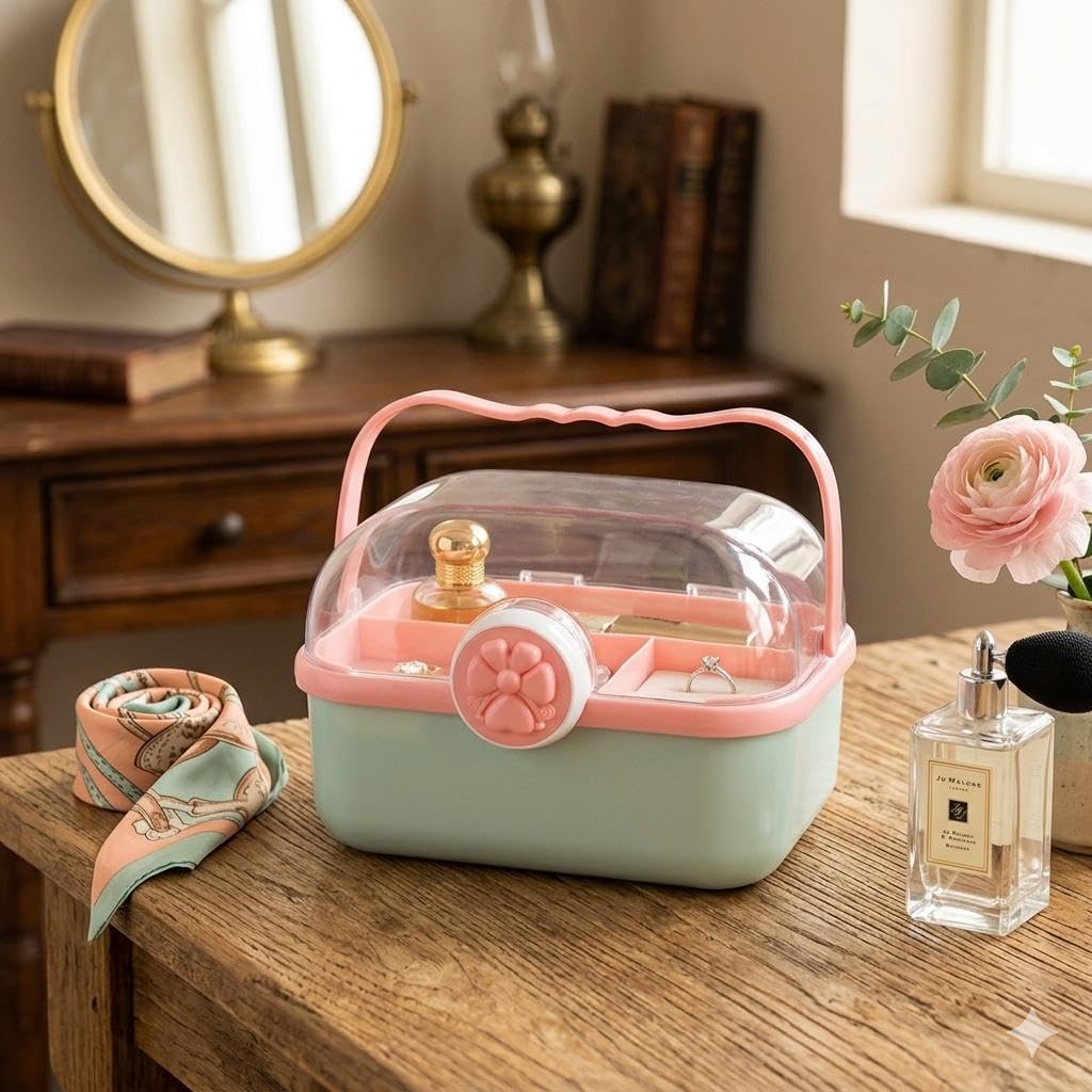 Beauty Box - Two-tier organizer with clear lid and sturdy handle. Great for sorting accessories, makeup, first aid and sewing needs. Sleek and lightweight construction fits in travel bags or home draw