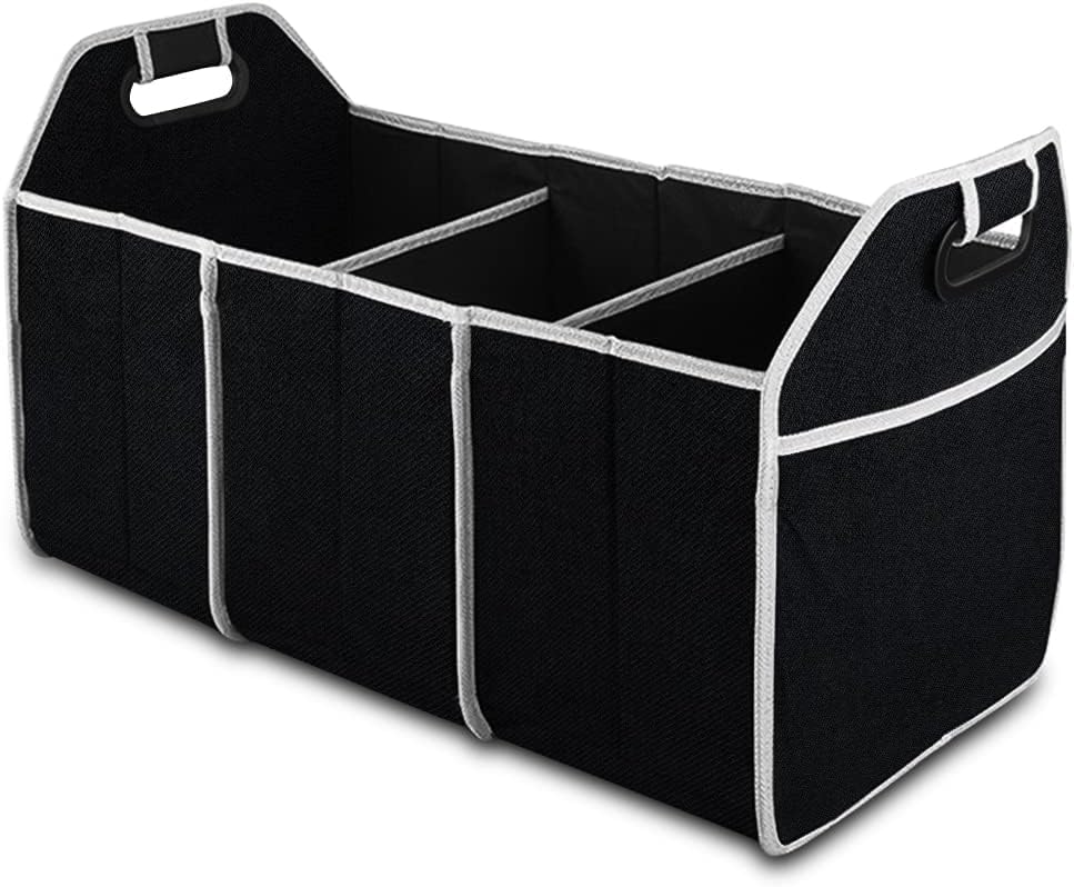 Generic Stylish Non Woven Car Organizer, 3-Compartment Folding Storage Box, Car Trunk Organizer, Car Interior Accessories Storage, Black