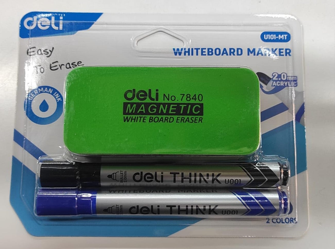 Deli EU101-MT Think 2.0mm Whiteboard Marker with Magnetic Eraser 3-Pieces, Black