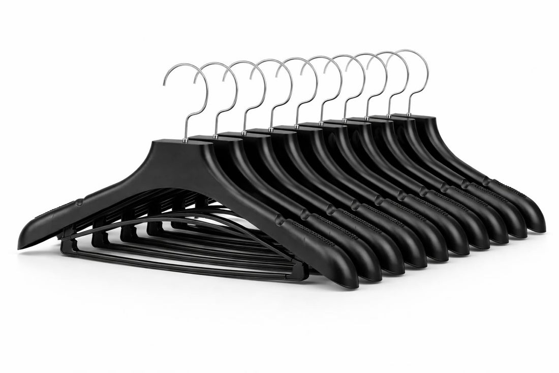 Premium Heavy Duty Plastic Hangers Set of 10 with Feature (Lock to Prevent Pants Slipping), Suit Hangers with Durable Hook, Wide Shoulder Hangers, Side Grooves, Black (10)