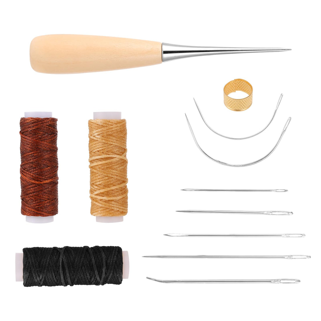 COMNICO Leather Sewing Needles, 12 Pieces High Performance Sewing Kit, Leather Sewing Needles Hand Leather Tool Set Waxed Sewing Thread with Thimble Sewing Awl 7 Leather Repair Needles Home Upholstery