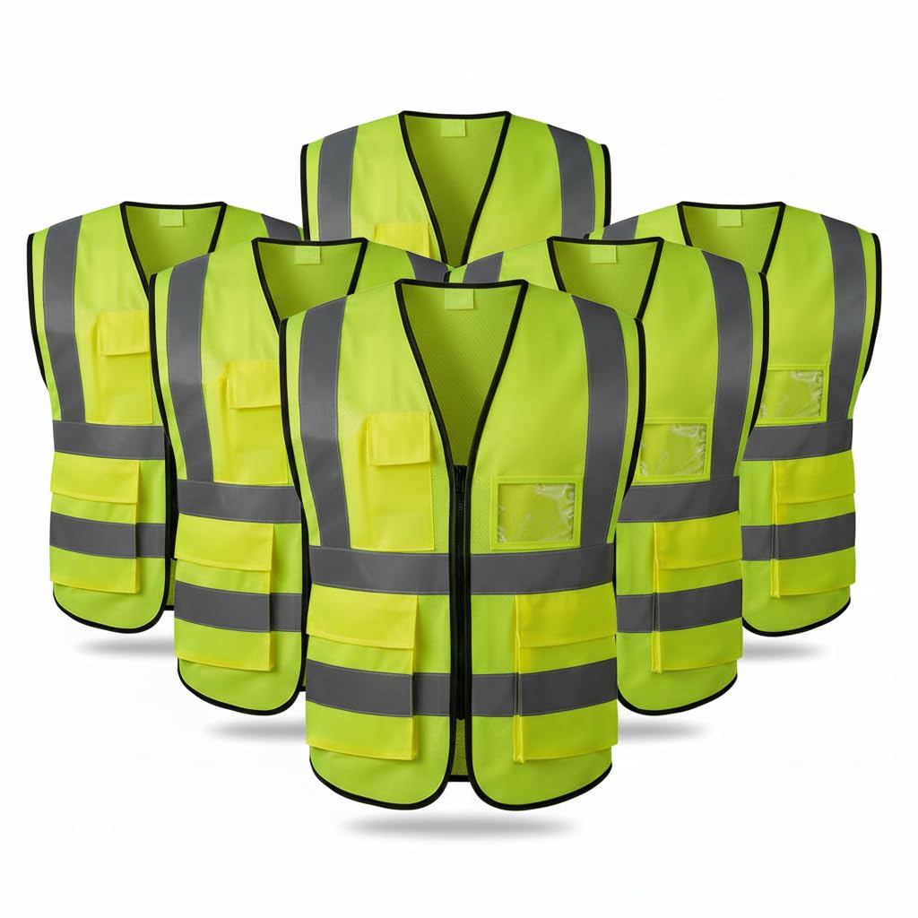 Safety-Line High Visibility Reflective Vest, Neon Green, 5 Pockets, Front Zipper, Pack of 6